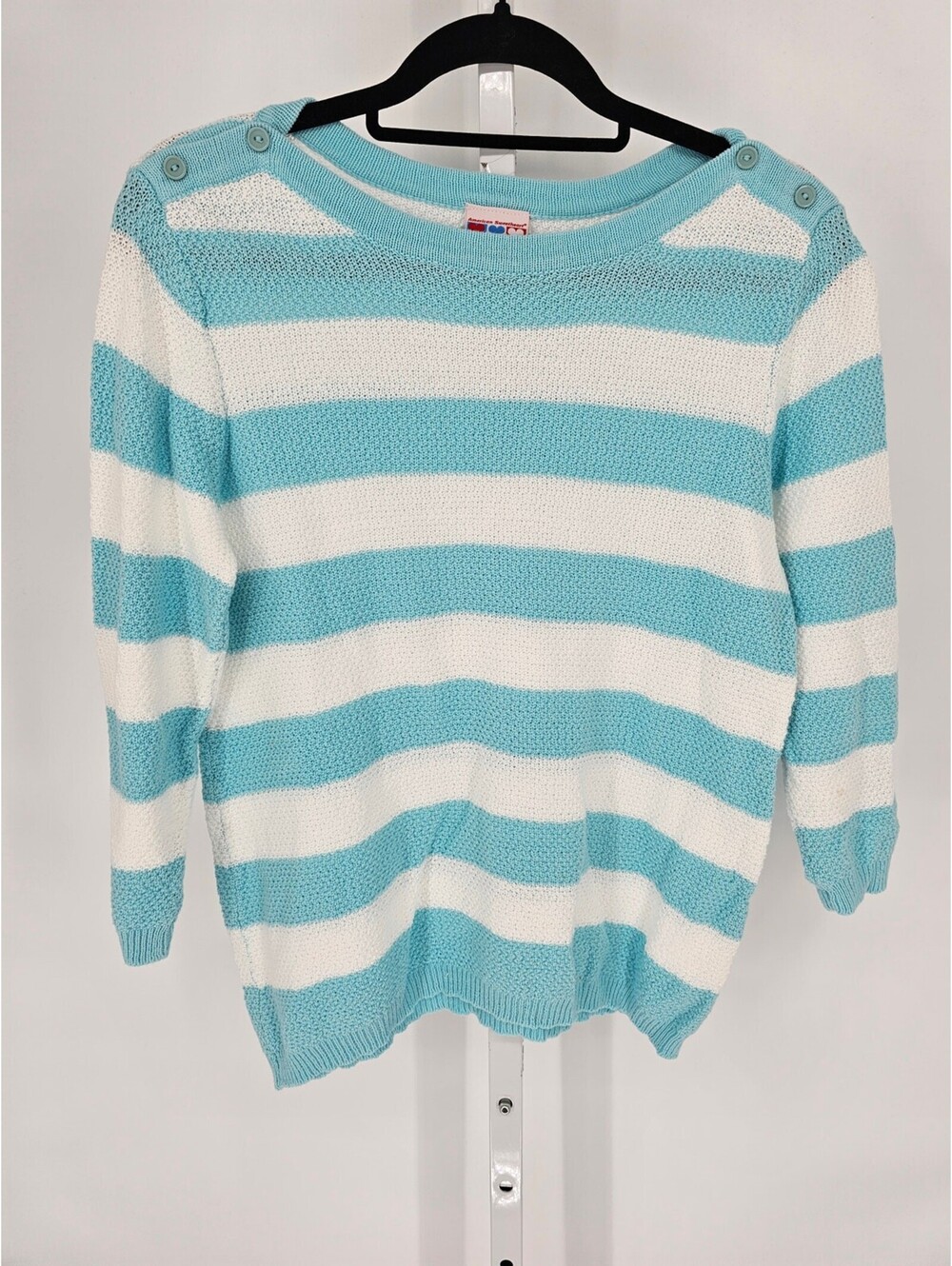 American Sweetheart Womens Sz M 3/4 Sleeve Knit Sweater Blue White Striped